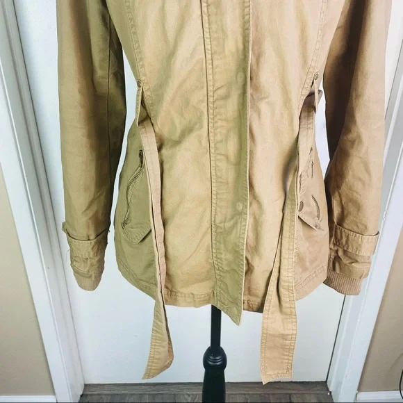 Miss London Black Label Utility Jacket Beige Women Medium Full Zip Hoodie Trench - Picture 3 of 13